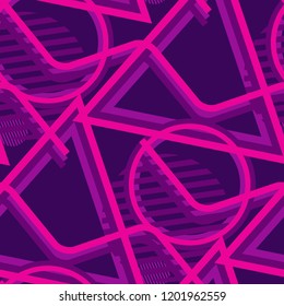 Seamless Pop Art Background. Abstract Colorful Texture with Lines and Geometric Figures for Dress, Curtain, Tablecloth. Vintage Seamless Multicolor Background in Disco Style. Vector Texture.