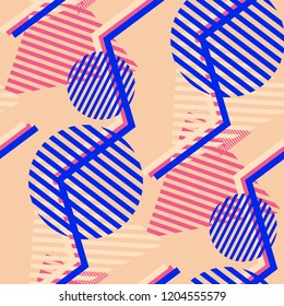 Seamless Pop Art Background. Abstract Color Texture with Lines and Geometric Figures for Wallpaper, Print, Textile. Retro Seamless Multicolor Background in Disco Style. Vector Texture.