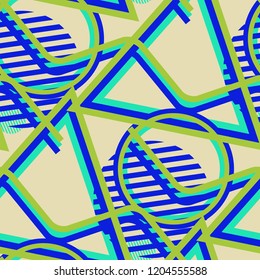 Seamless Pop Art Background. Abstract Colorful Texture with Lines and Geometric Figures for Cotton, Print, Calico. Trendy Seamless Multicolor Background in Disco Style. Vector Texture.