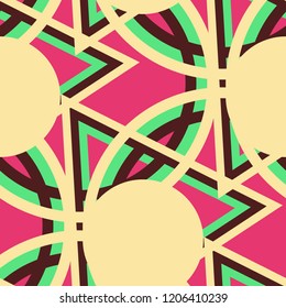 Seamless Pop Art Background. Abstract Colorful Texture with Lines and Geometric Figures for Chintz, Linen, Paper. Vintage Seamless Multicolor Background in Disco Style. Vector Texture.