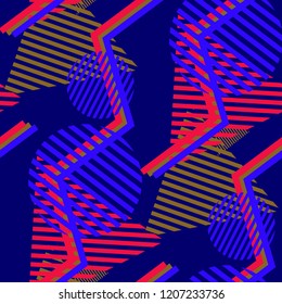Seamless Pop Art Background. Abstract Colorful Texture with Lines and Geometric Figures for Dress, Paper, Tablecloth. Retro Seamless Multicolor Background in Disco Style. Vector Texture.