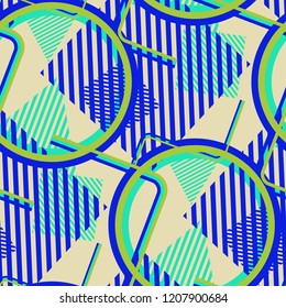 Seamless Pop Art Background. Abstract Colorful Texture with Lines and Geometric Figures for Dress, Paper, Tablecloth. Vintage Seamless Multicolor Background in Disco Style. Vector Texture.