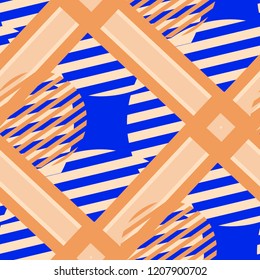 Seamless Pop Art Background. Abstract Color Texture with Lines and Geometric Figures for Wallpaper, Fabric, Print. Trendy Seamless Multicolor Background in Disco Style. Vector Texture.