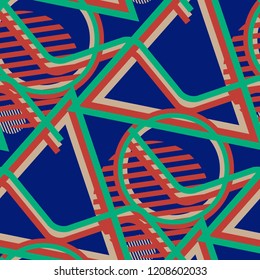 Seamless Pop Art Background. Abstract Colorful Texture with Lines and Geometric Figures for Calico, Print, Textile. Vintage Seamless Multicolor Background in Disco Style. Vector Texture.