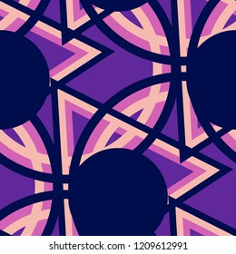 Seamless Pop Art Background. Abstract Colorful Texture with Lines and Geometric Figures for Print, Cloth, Fabric. Vintage Seamless Multicolor Background in Disco Style. Vector Texture.