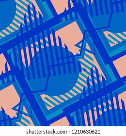 Seamless Pop Art Background. Abstract Colorful Texture with Lines and Geometric Figures for Wallpaper, Print, Textile. Modern Seamless Multicolor Background in Disco Style. Vector Texture.