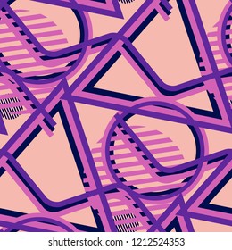 Seamless Pop Art Background. Abstract Colorful Texture with Lines and Geometric Figures for Print, Cloth, Fabric. Vintage Seamless Multicolor Background in Disco Style. Vector Texture.