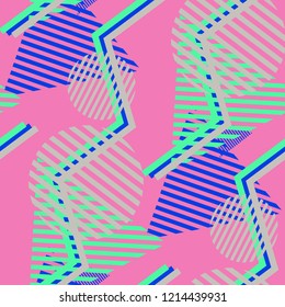 Fondo De Arte Pop Sin Precedentes. Textura abstracta colorida con líneas y figuras geométricas para tela, tela, textil. Fondo multicolor moderno en estilo Disco. Textura vectorial.