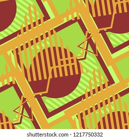 Seamless Pop Art Background. Abstract Colorful Texture with Lines and Geometric Figures for Cotton, Print, Calico. Modern Seamless Multicolor Background in Disco Style. Vector Texture.