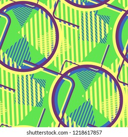 Seamless Pop Art Background. Abstract Colorful Texture with Lines and Geometric Figures for Cotton, Print, Textile. Vintage Seamless Multicolor Background in Disco Style. Vector Texture.