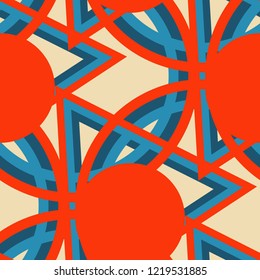 Seamless Pop Art Background. Abstract Colorful Texture with Lines and Geometric Figures for Chintz, Linen, Paper. Retro Seamless Multicolor Background in Disco Style. Vector Texture.