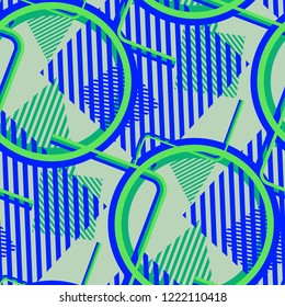 Seamless Pop Art Background. Abstract Color Texture with Lines and Geometric Figures for Print, Fabric, Cloth. Trendy Seamless Multicolor Background in Disco Style. Vector Texture.