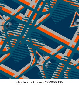 Seamless Pop Art Background. Abstract Colorful Texture with Lines and Geometric Figures for Calico, Print, Textile. Modern Seamless Multicolor Background in Disco Style. Vector Texture.