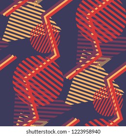Seamless Pop Art Background. Abstract Colorful Texture with Lines and Geometric Figures for Wallpaper, Fabric, Print. Retro Seamless Multicolor Background in Disco Style. Vector Texture.
