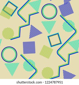 Seamless Pop Art Background. Abstract Color Texture with Lines and Geometric Figures for Print, Cloth, Fabric. Trendy Seamless Multicolor Background in Disco Style. Vector Texture.