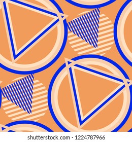 Seamless Pop Art Background. Abstract Color Texture with Lines and Geometric Figures for Cotton, Calico, Textile. Vintage Seamless Multicolor Background in Disco Style. Vector Texture.