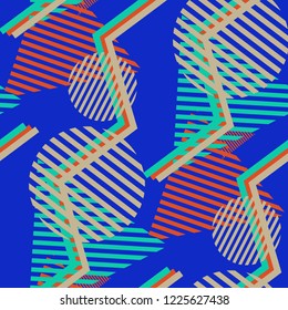 Seamless Pop Art Background. Abstract Color Texture with Lines and Geometric Figures for Cotton, Print, Calico. Retro Seamless Multicolor Background in Disco Style. Vector Texture.