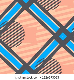 Seamless Pop Art Background. Abstract Color Texture with Lines and Geometric Figures for Cotton, Calico, Textile. Modern Seamless Multicolor Background in Disco Style. Vector Texture.
