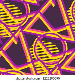Seamless Pop Art Background. Abstract Colorful Texture with Lines and Geometric Figures for Print, Cloth, Fabric. Trendy Seamless Multicolor Background in Disco Style. Vector Texture.