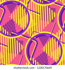 Seamless Pop Art Background. Abstract Colorful Texture with Lines and Geometric Figures for Print, Cloth, Textile. Trendy Seamless Multicolor Background in Disco Style. Vector Texture.