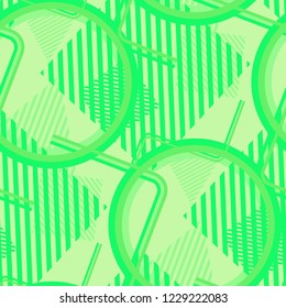 Seamless Pop Art Background. Abstract Colorful Texture with Lines and Geometric Figures for Chintz, Linen, Wallpaper. Trendy Seamless Multicolor Background in Disco Style. Vector Texture.
