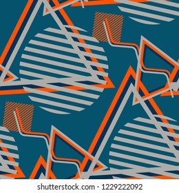Seamless Pop Art Background. Abstract Color Texture with Lines and Geometric Figures for Print, Cloth, Textile. Trendy Seamless Multicolor Background in Disco Style. Vector Texture.