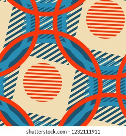 Seamless Pop Art Background. Abstract Colorful Texture with Lines and Geometric Figures for Print, Cloth, Textile. Retro Seamless Multicolor Background in Disco Style. Vector Texture.