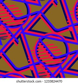 Seamless Pop Art Background. Abstract Color Texture with Lines and Geometric Figures for Dress, Curtain, Paper. Trendy Seamless Multicolor Background in Disco Style. Vector Texture.