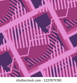 Seamless Pop Art Background. Abstract Colorful Texture with Lines and Geometric Figures for Wallpaper, Fabric, Textile. Modern Seamless Multicolor Background in Disco Style. Vector Texture.