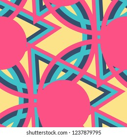 Seamless Pop Art Background. Abstract Colorful Texture with Lines and Geometric Figures for Wallpaper, Print, Textile. Modern Seamless Multicolor Background in Disco Style. Vector Texture.