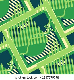 Seamless Pop Art Background. Abstract Colorful Texture with Lines and Geometric Figures for Cotton, Print, Textile. Retro Seamless Multicolor Background in Disco Style. Vector Texture.