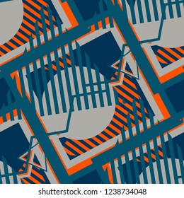 Seamless Pop Art Background. Abstract Colorful Texture with Lines and Geometric Figures for Cotton, Print, Calico. Modern Seamless Multicolor Background in Disco Style. Vector Texture.
