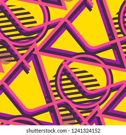 Seamless Pop Art Background. Abstract Color Texture with Lines and Geometric Figures for Fabric, Cloth, Textile. Trendy Seamless Multicolor Background in Disco Style. Vector Texture.