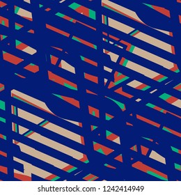 Seamless Pop Art Background. Abstract Color Texture with Lines and Geometric Figures for Cotton, Print, Textile. Vintage Seamless Multicolor Background in Disco Style. Vector Texture.