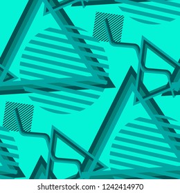 Seamless Pop Art Background. Abstract Color Texture with Lines and Geometric Figures for Dress, Curtain, Tablecloth. Vintage Seamless Multicolor Background in Disco Style. Vector Texture.