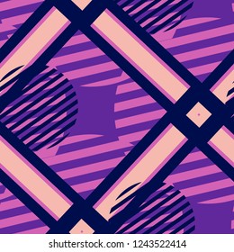 Seamless Pop Art Background. Abstract Colorful Texture with Lines and Geometric Figures for Print, Fabric, Cloth. Vintage Seamless Multicolor Background in Disco Style. Vector Texture.