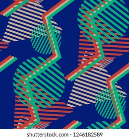 Seamless Pop Art Background. Abstract Colorful Texture with Lines and Geometric Figures for Wallpaper, Cotton, Textile. Retro Seamless Multicolor Background in Disco Style. Vector Texture.