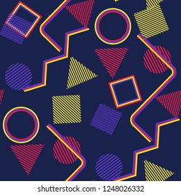 Seamless Pop Art Background. Abstract Color Texture with Lines and Geometric Figures for Print, Cloth, Textile. Retro Seamless Multicolor Background in Disco Style. Vector Texture.