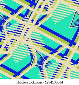 Seamless Pop Art Background. Abstract Color Texture with Lines and Geometric Figures for Wallpaper, Print, Textile. Modern Seamless Multicolor Background in Disco Style. Vector Texture.