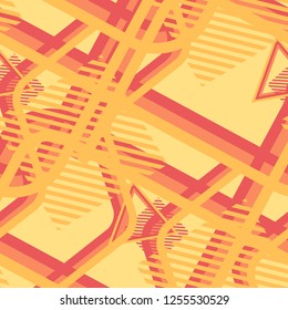 Seamless Pop Art Background. Abstract Color Texture with Lines and Geometric Figures for Cotton, Print, Calico. Retro Seamless Multicolor Background in Disco Style. Vector Texture.