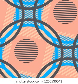 Seamless Pop Art Background. Abstract Colorful Texture with Lines and Geometric Figures for Print, Fabric, Cloth. Trendy Seamless Multicolor Background in Disco Style. Vector Texture.