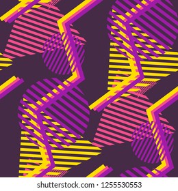 Seamless Pop Art Background. Abstract Colorful Texture with Lines and Geometric Figures for Wallpaper, Print, Textile. Vintage Seamless Multicolor Background in Disco Style. Vector Texture.
