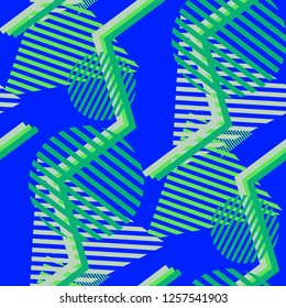 Seamless Pop Art Background. Abstract Color Texture with Lines and Geometric Figures for Wallpaper, Fabric, Print. Modern Seamless Multicolor Background in Disco Style. Vector Texture.