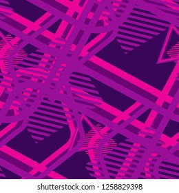 Seamless Pop Art Background. Abstract Color Texture with Lines and Geometric Figures for Cotton, Calico, Textile. Retro Seamless Multicolor Background in Disco Style. Vector Texture.