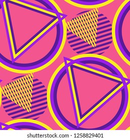 Seamless Pop Art Background. Abstract Color Texture with Lines and Geometric Figures for Chintz, Linen, Paper. Vintage Seamless Multicolor Background in Disco Style. Vector Texture.