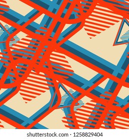 Seamless Pop Art Background. Abstract Color Texture with Lines and Geometric Figures for Print, Cloth, Textile. Trendy Seamless Multicolor Background in Disco Style. Vector Texture.