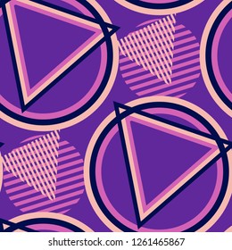 Seamless Pop Art Background. Abstract Color Texture with Lines and Geometric Figures for Cotton, Calico, Textile. Trendy Seamless Multicolor Background in Disco Style. Vector Texture.