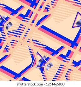 Seamless Pop Art Background. Abstract Colorful Texture with Lines and Geometric Figures for Dress, Paper, Tablecloth. Vintage Seamless Multicolor Background in Disco Style. Vector Texture.