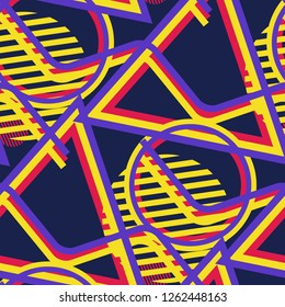 Seamless Pop Art Background. Abstract Colorful Texture with Lines and Geometric Figures for Wallpaper, Cotton, Textile. Retro Seamless Multicolor Background in Disco Style. Vector Texture.