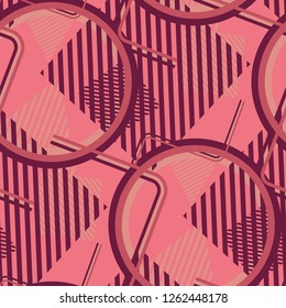 Seamless Pop Art Background. Abstract Colorful Texture with Lines and Geometric Figures for Dress, Curtain, Tablecloth. Retro Seamless Multicolor Background in Disco Style. Vector Texture.